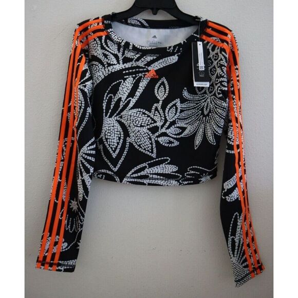 Adidas HI5217 Women's Sz L Black/Orange Farm Rio Allover Print Cropped L/S Top - Picture 1 of 7